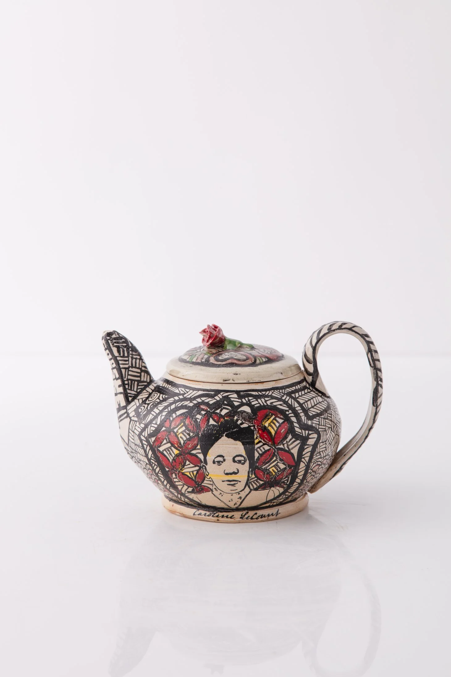 Roberto Lugo: Caroline LeCount. Teapot. 2021. Salt-fired glazed ceramic and china paint. 5" (H) x 7.