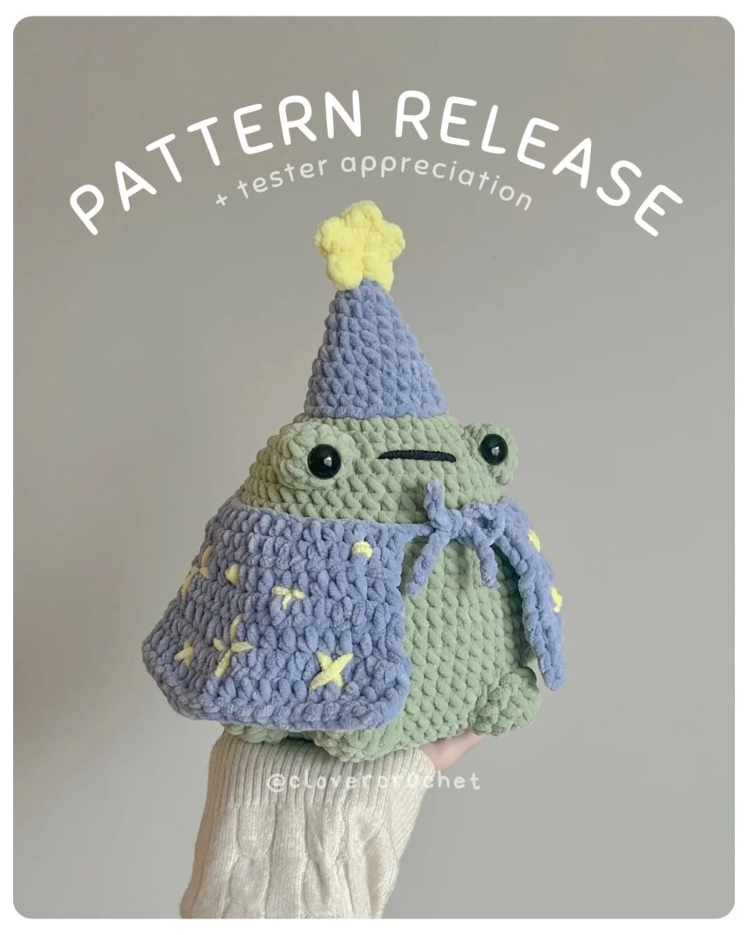 JUMBO Wizard Froggie release day !! 🌟🌱

i&rsquo;ve been so so excited to finally release this pattern, i was BLOWN away with how much love he&rsquo;s gotten the last month. he&rsquo;s the most huggable derpy lil fella and i hope you love making him