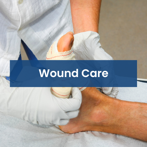 Close-up of a healthcare professional wrapping a person's ankle with a bandage, with a label that says 'Wound Care' in front.
