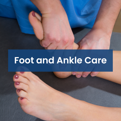 Foot and ankle care label over a person receiving foot treatment from a healthcare professional.