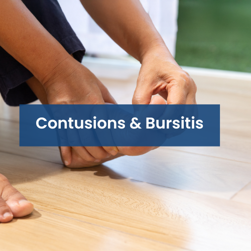 Close-up of person applying first aid to a chest wound, with text that reads 'Contusions & Bursitis.'