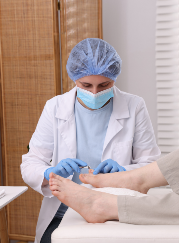 Person examining a thickened, discolored toenail caused by a fungal infection.
