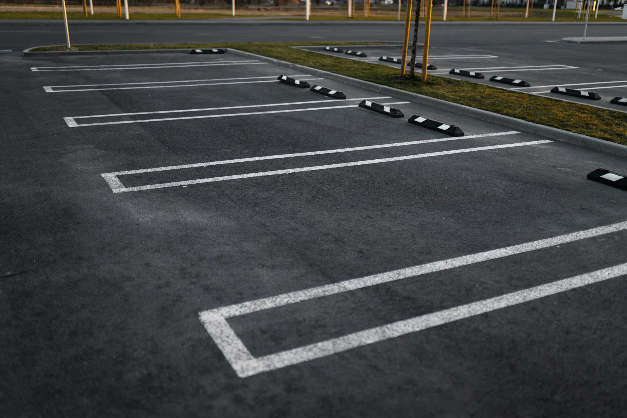 Empty parking lot with white painted lines and black-and-white wheel stops, surrounded by grass and trees.