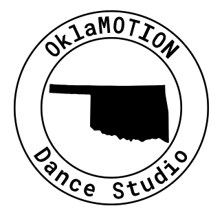 A circular logo with the shape of the state of Oklahoma in the center. The outer ring contains the text 'OKlaMOTION' at the top and 'Dance Studio' at the bottom.