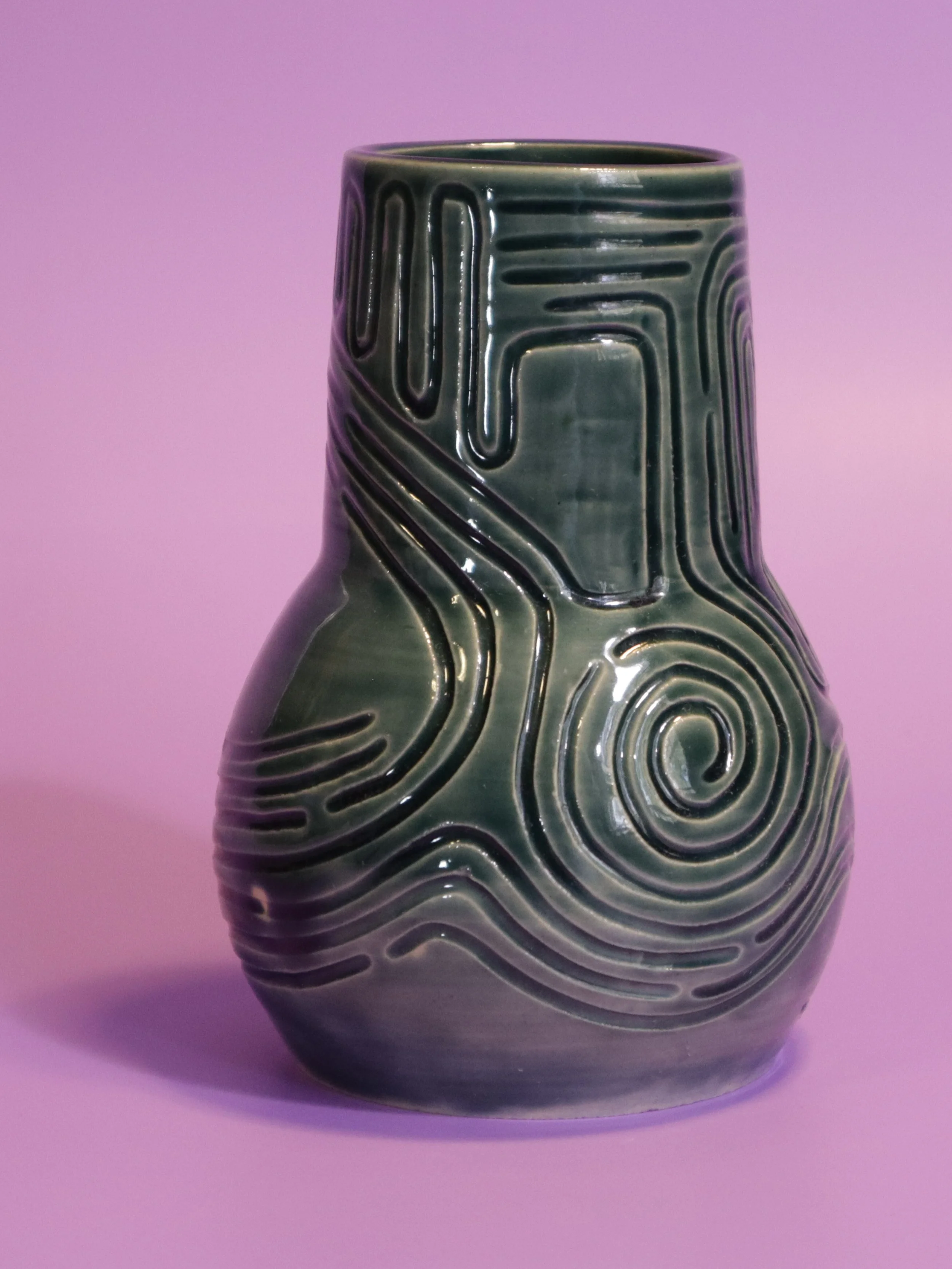 Celadon Squiggleware Tall Vase – Dark Green