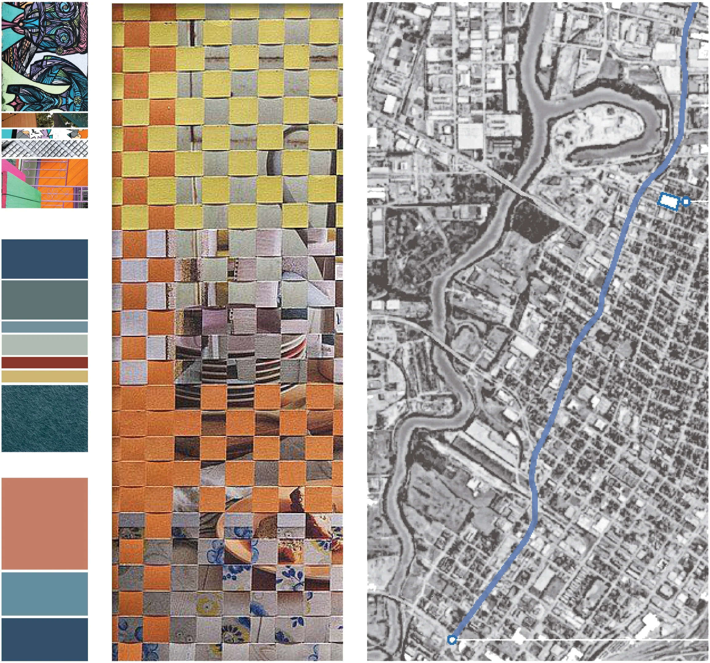 A collage featuring a mosaic of various images including street art, color swatches, and a portrait, alongside a grayscale map with a blue route marked from bottom to top.