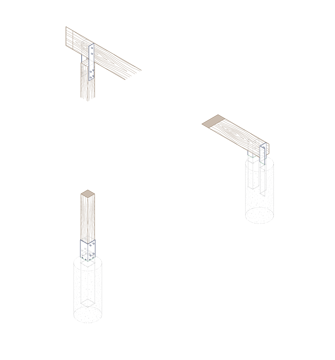 Diagram of a construction process involving installation of a wooden pole with a metal bracket and a hanging wood beam, supported by a cylindrical concrete foundation with rebar reinforcement.