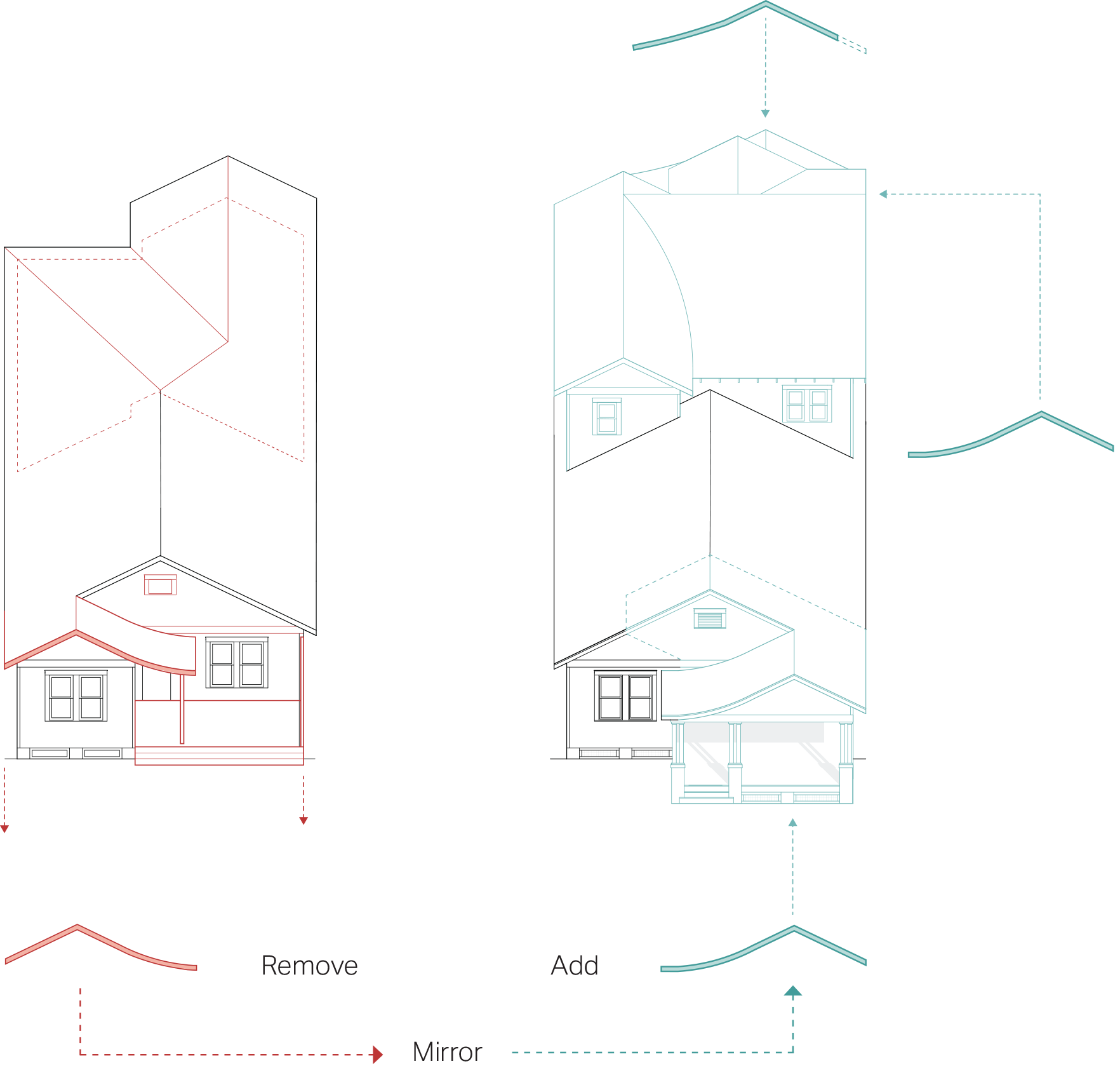 An abstract illustration with various geometrical shapes in black, red, and teal colors, creating a layered and complex composition.
