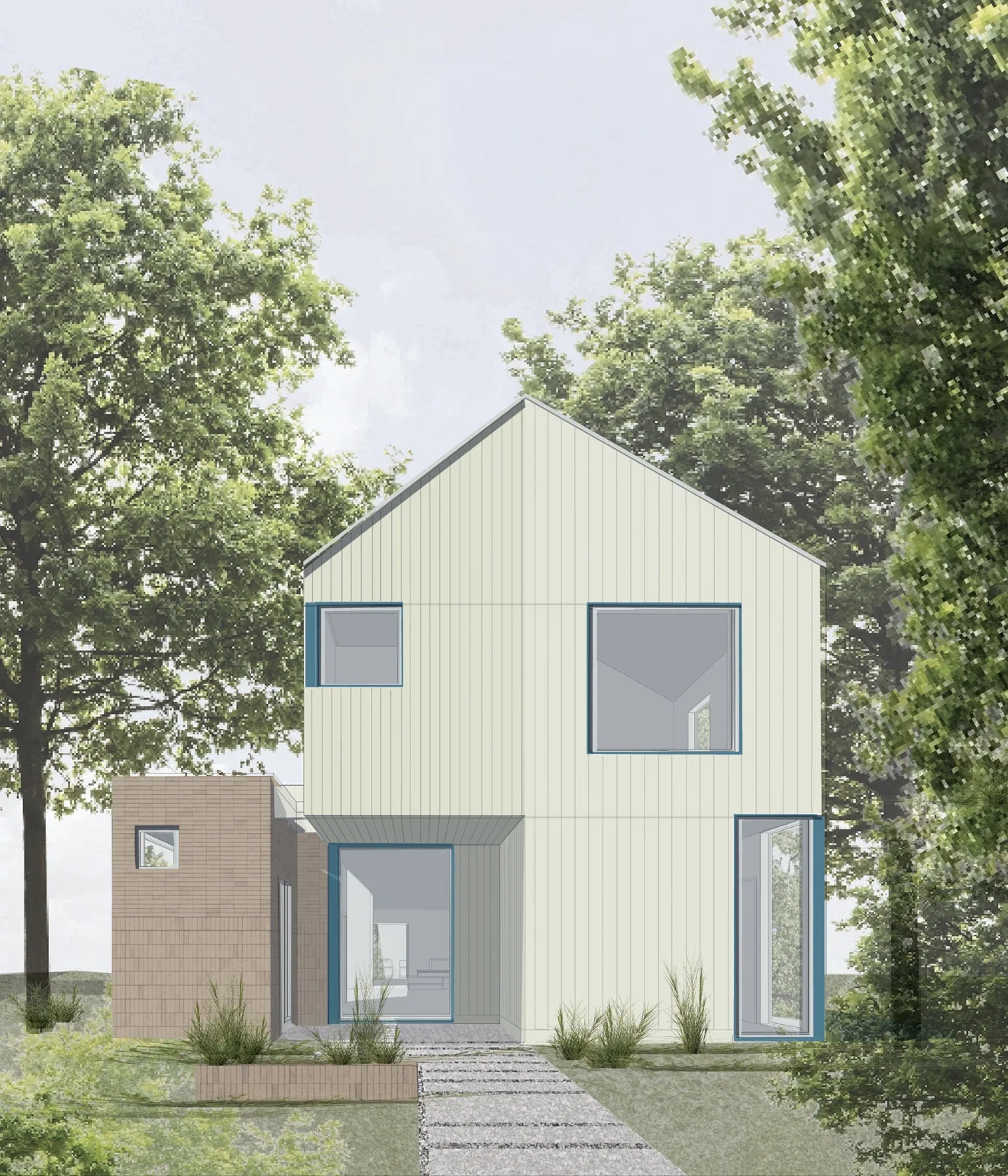 Digital rendering of a modern two-story house with vertical white siding, large windows with blue trim, and a small attached structure with brown siding, surrounded by trees and a landscaped front yard with a concrete pathway.