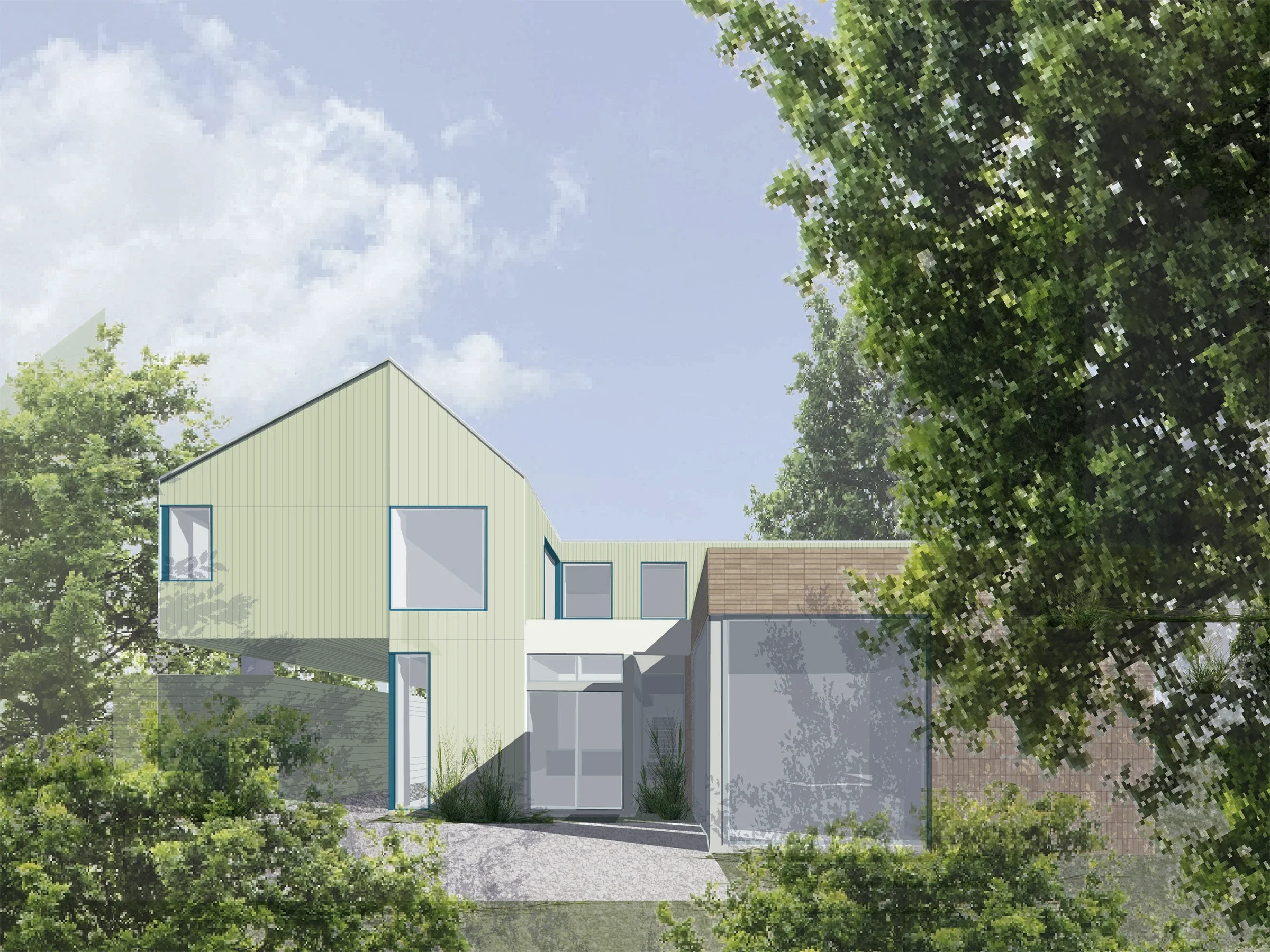 A modern house with light green and gray exterior walls, multiple large windows, and surrounded by green trees and shrubs.