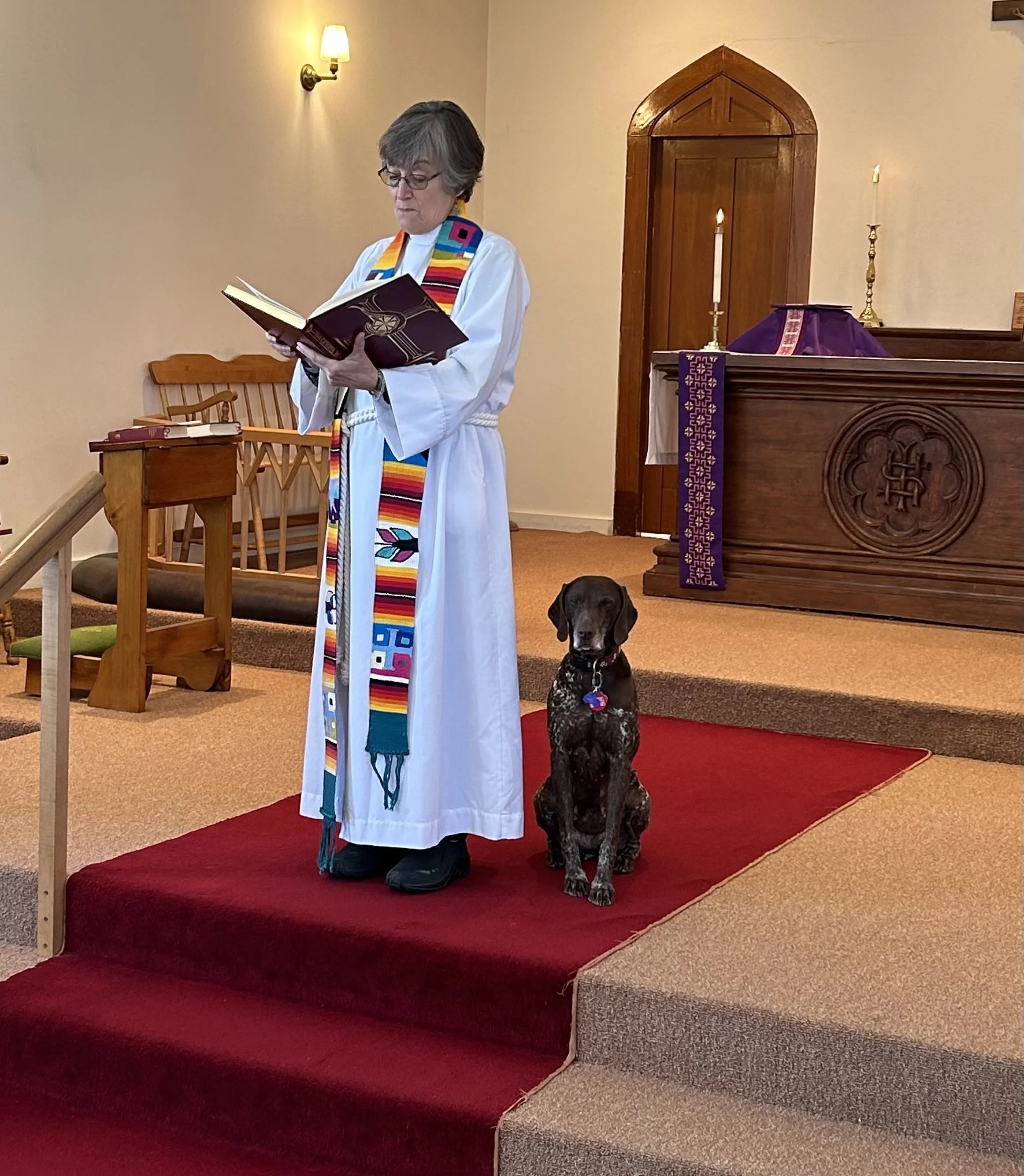 Woman priest wearing white robe with rainbow colored Guatemalan stole, Megan the dog is sitting beside her looking reverent.