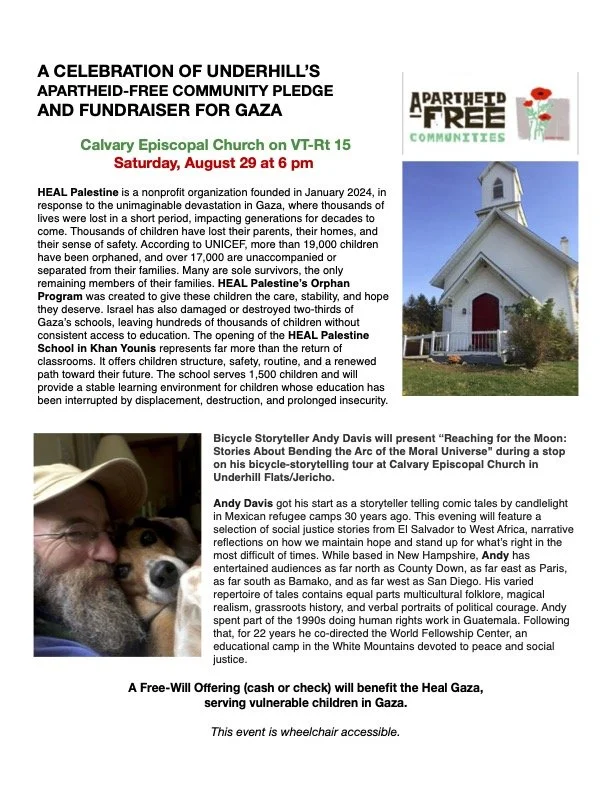 An event poster for A Celebration of Underhill’s Apartheid-Free Community Pledge & Fundraiser for GAZA.  There is an image of Calvary Church and one of Andy Davis smiling with his dog.