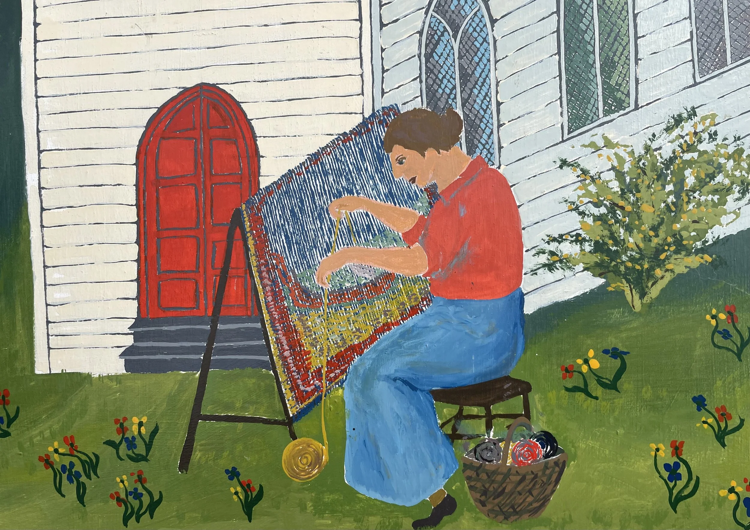 Close-up from folk art painting of woman weaving on a loom with balls of yarn in front of Calvary Church.