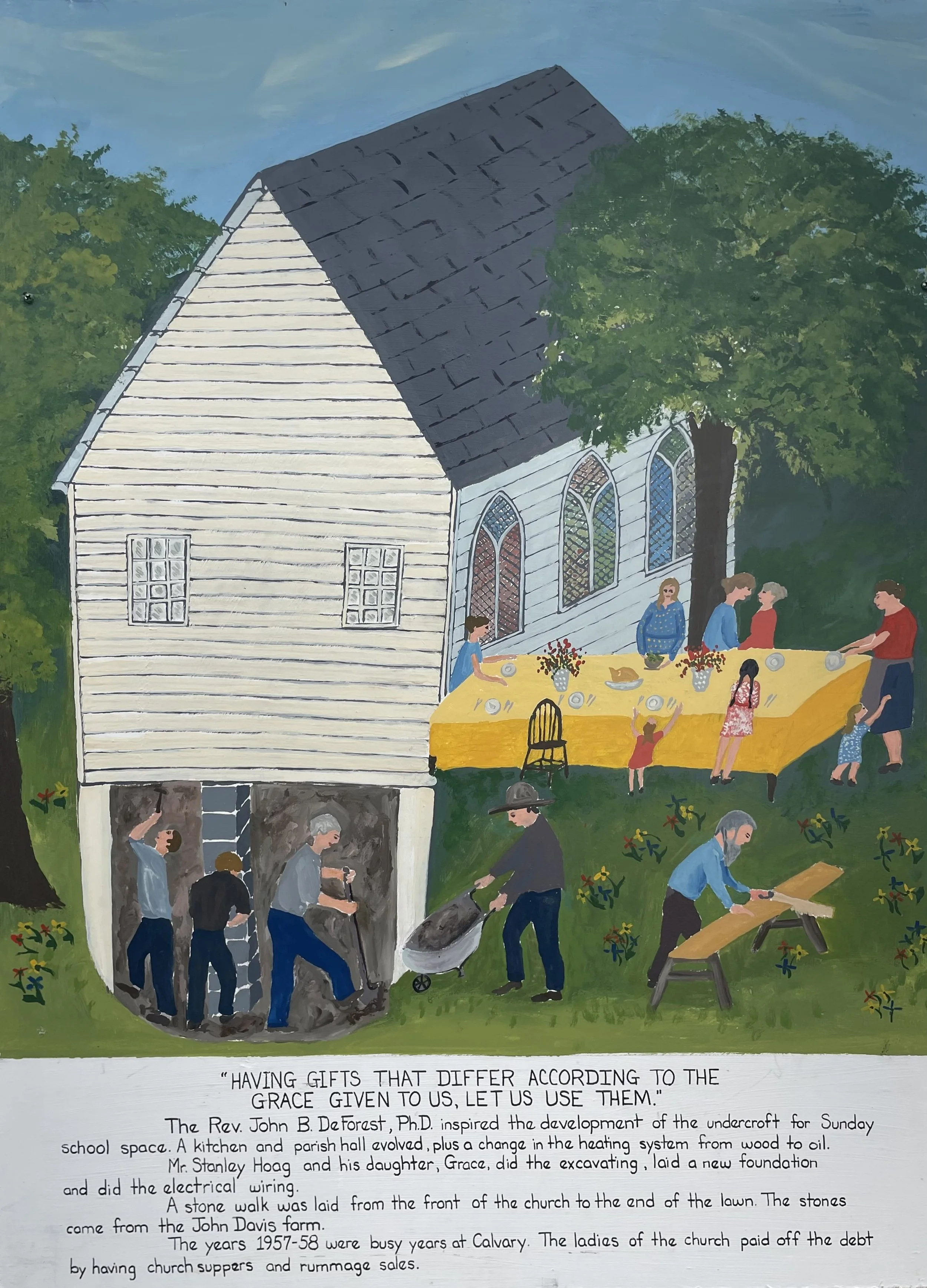 Folk art painting of Calvary Church showing men doing repairs and women preparing a picnic on a yellow table cloth