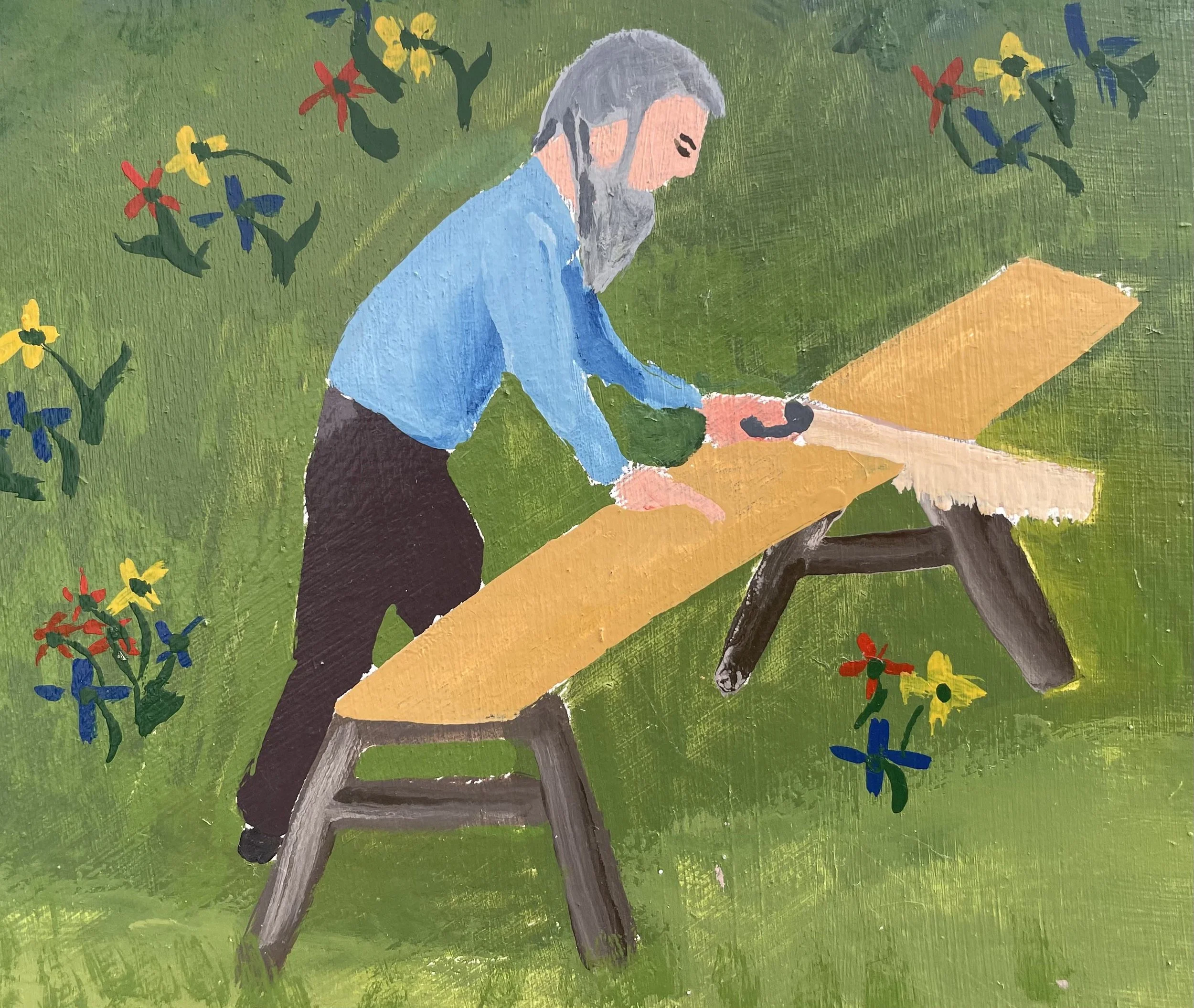 Close-up from folk art painting of bearded man in a blue shirt and brown pants sawing a board. There are flowers in the bright green grass.