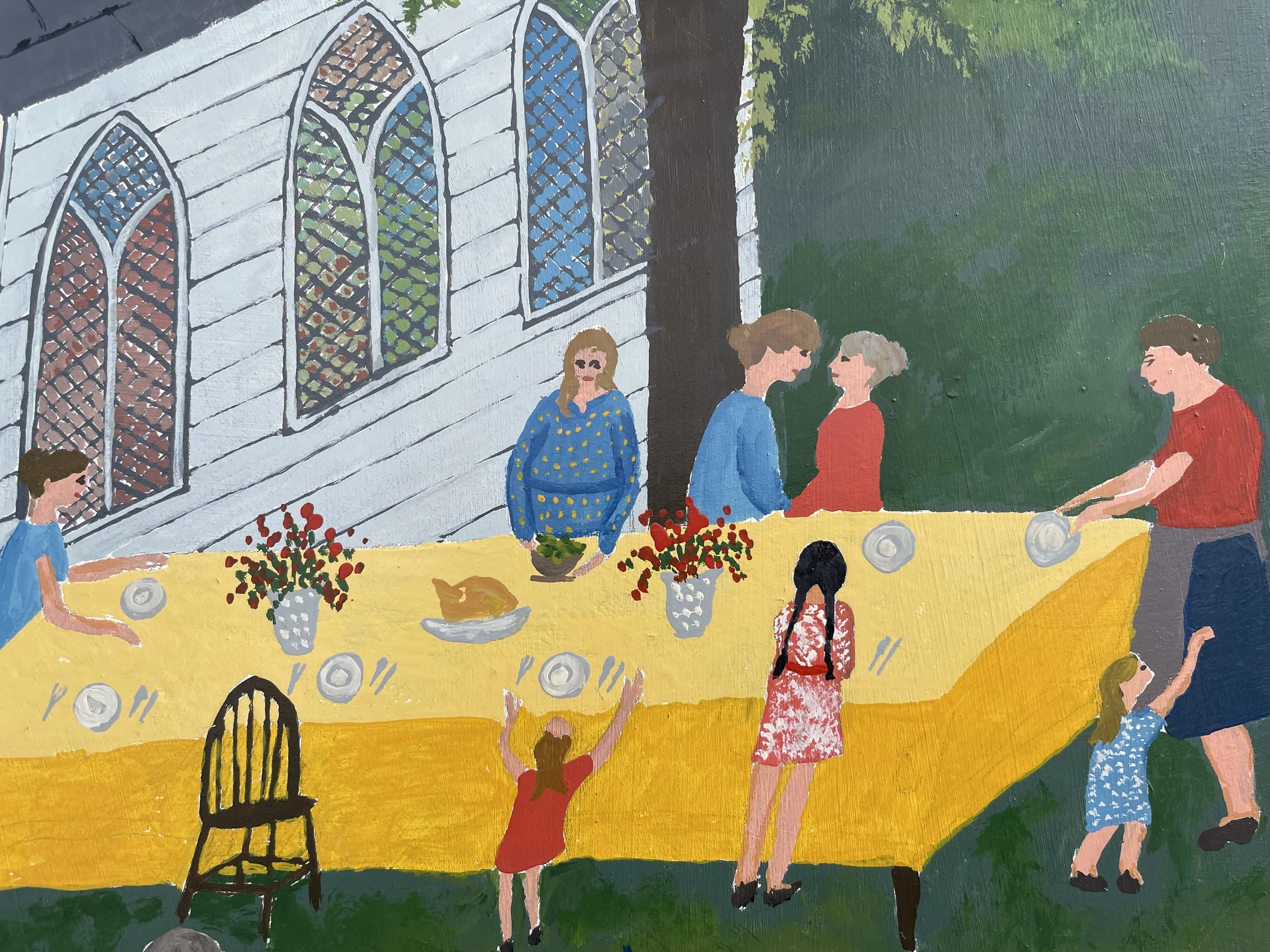 Close-up from folk art painting with women and girls setting the table for an outdoor meal. The table cloth is bright yellow.