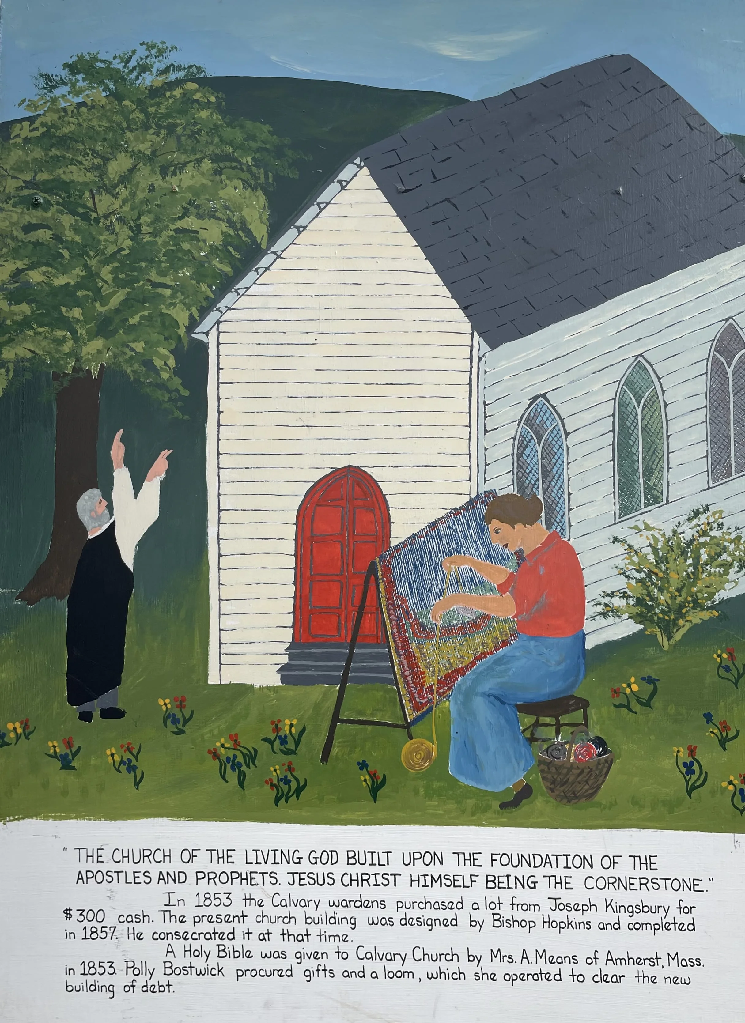 Folk art painting of a woman in a red shirt and blue skirt sitting at a loom weaving in front of Calvary Church. A priest has his arms raised to the heavens.