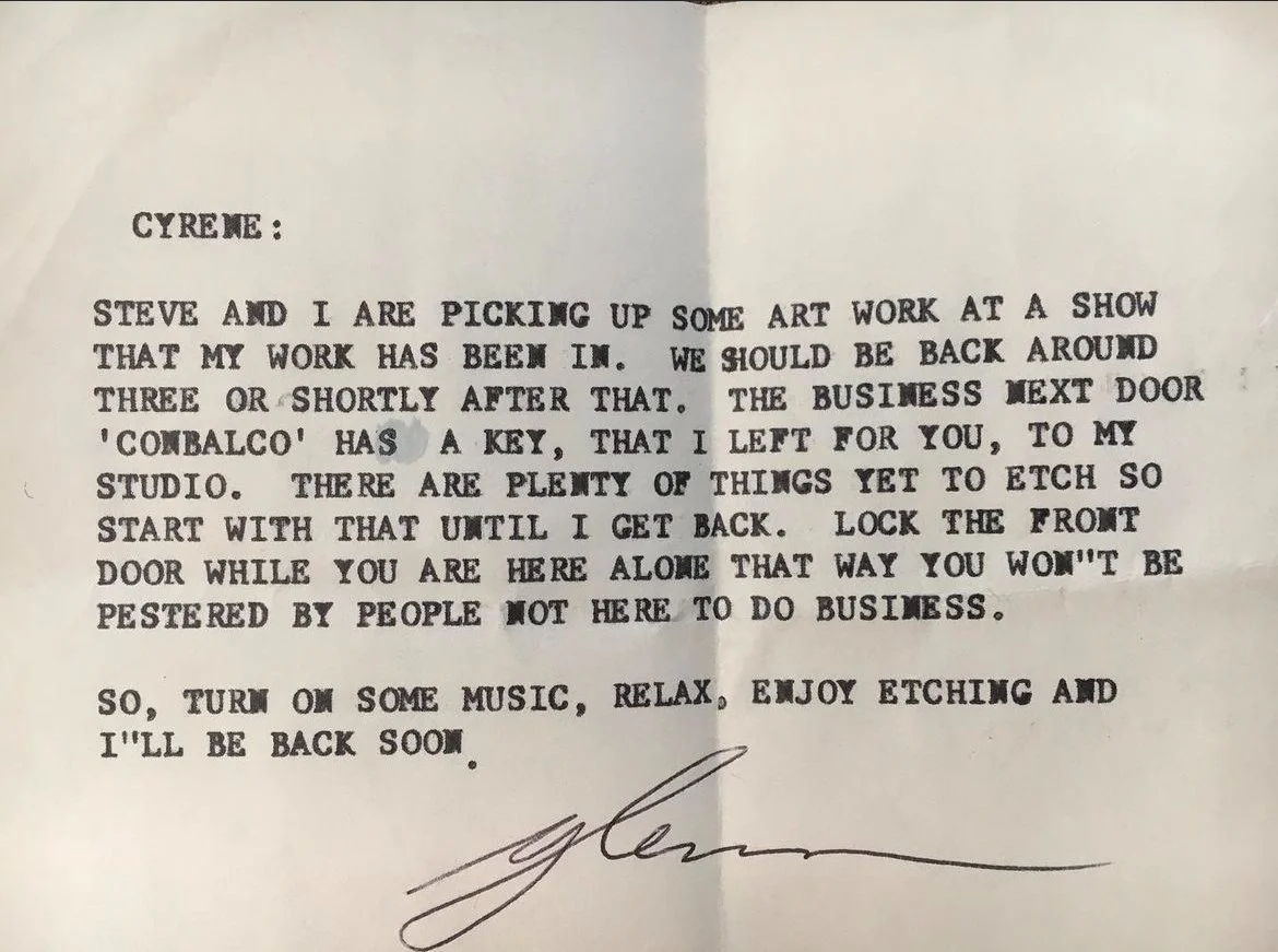 A typed letter from Glenn to Cyrene, informing her they are picking up artwork at a show, with instructions to lock the door and turn on music. The letter ends with a signature.