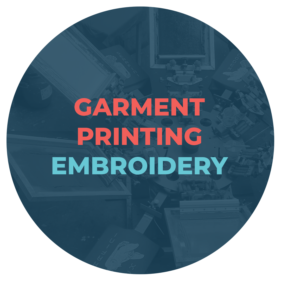 Text overlay on a workshop background that reads 'Garment Printing Embroidery' in bold red and blue letters.