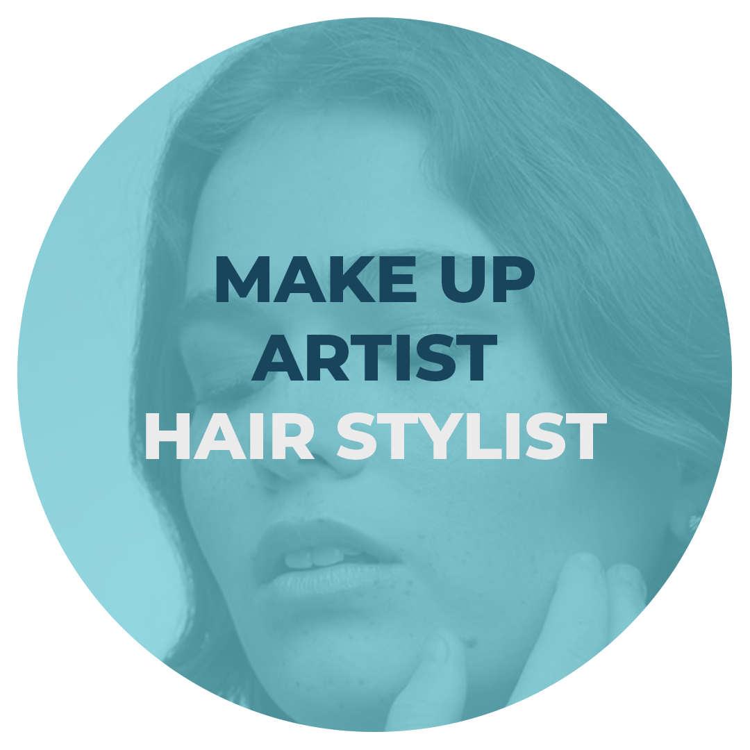 A woman with short, styled hair touching her face, overlaid with text reading 'Make Up Artist Hair Stylist'.
