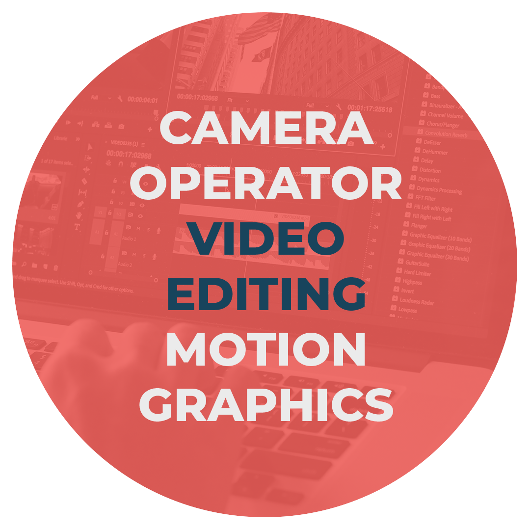 Red circular graphic with white and dark blue text listing roles such as camera operator, video editing, motion graphics, and an overlay of a person working on video editing software on a laptop.