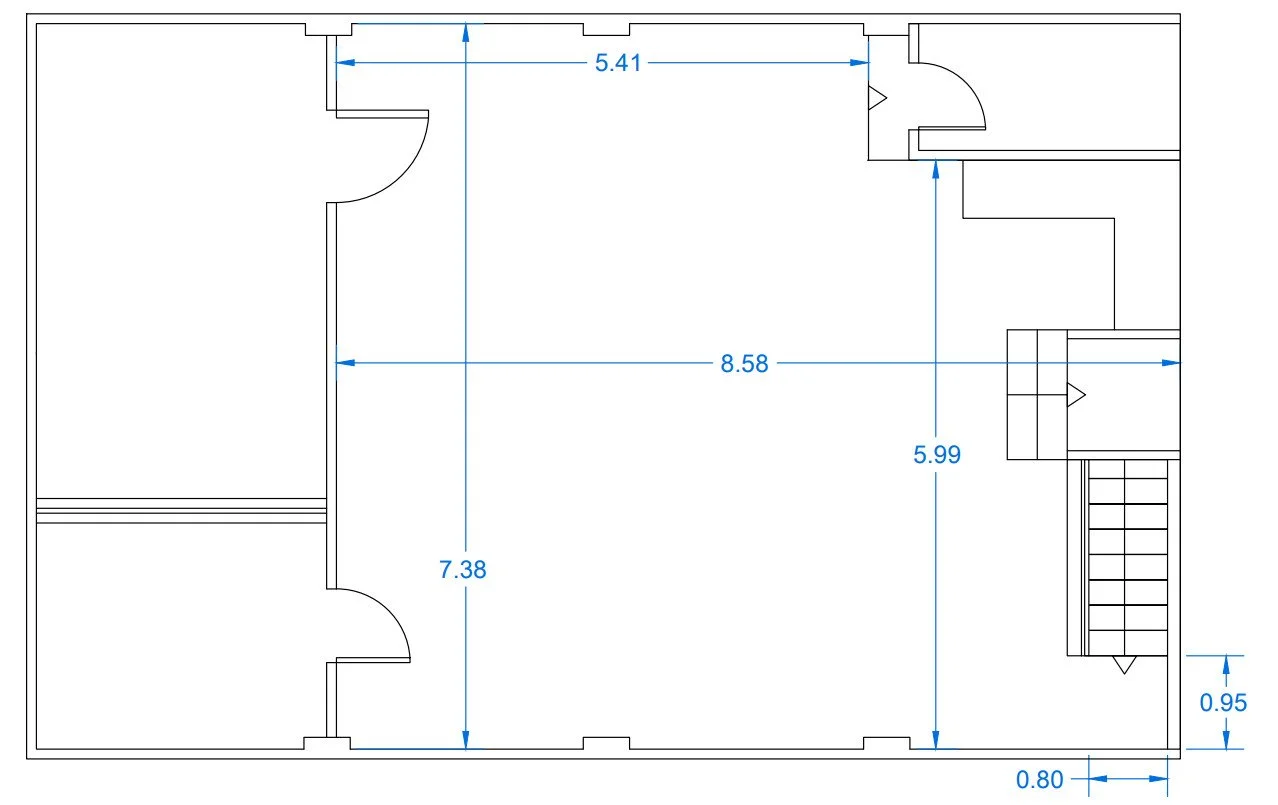 Floor plan of a building with labeled measurements in meters, showing rooms, doors, and stairs.
