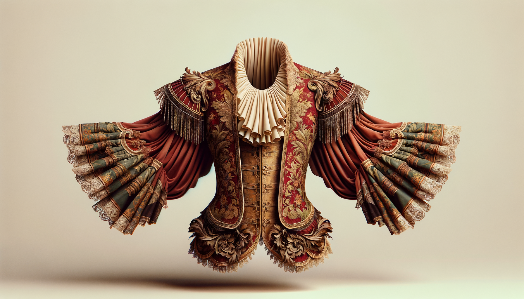 Historische Kostüm mit aufwendig besticktem Samtjackett, dicht gerüsstem Halskrause und gefälteten Ärmelbesatz, inspiriert von barocker oder renaissancezeitlicher Mode.