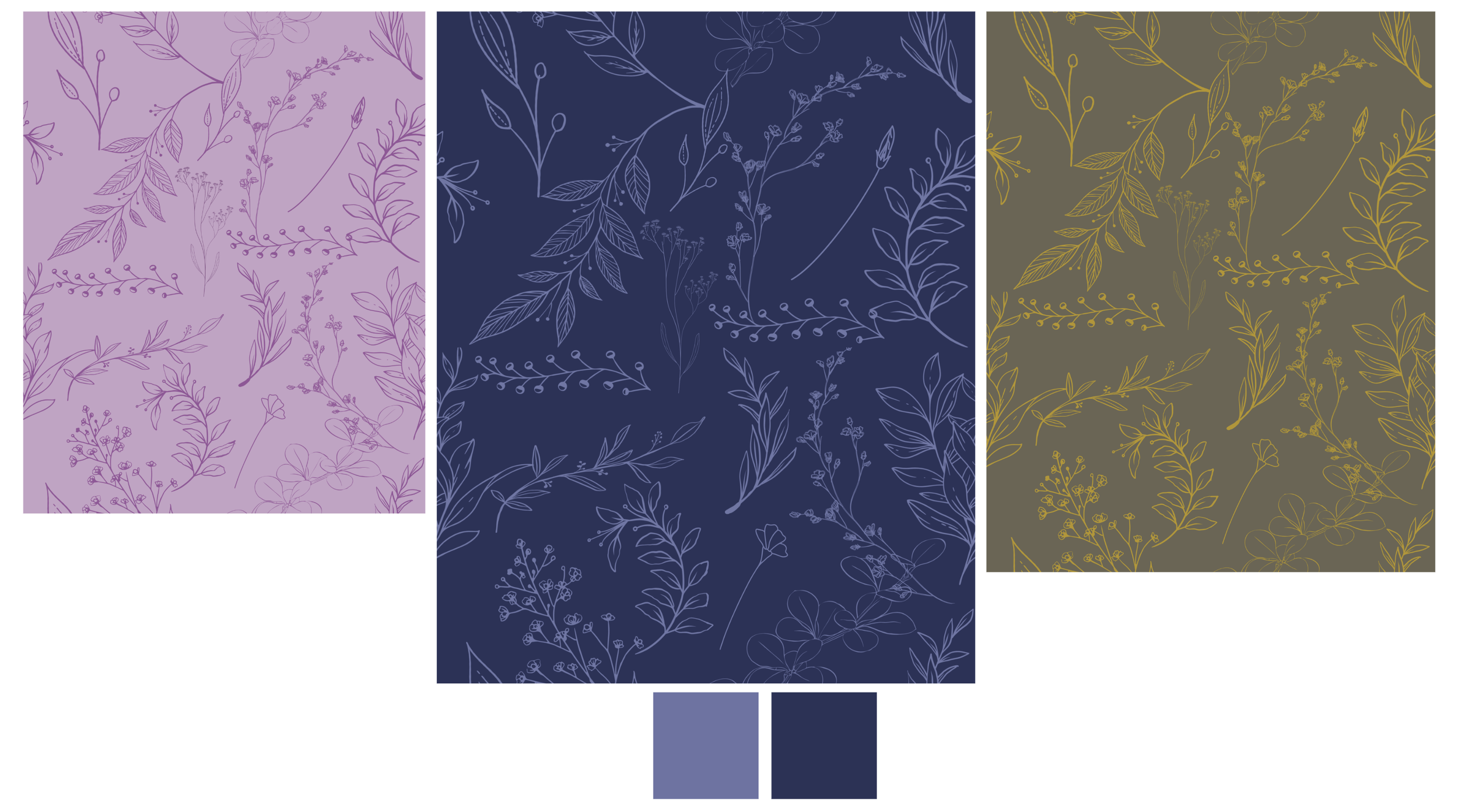 Foliage Half Drop Print in three different color ways using Gouache, Procreate, and Photoshop. 