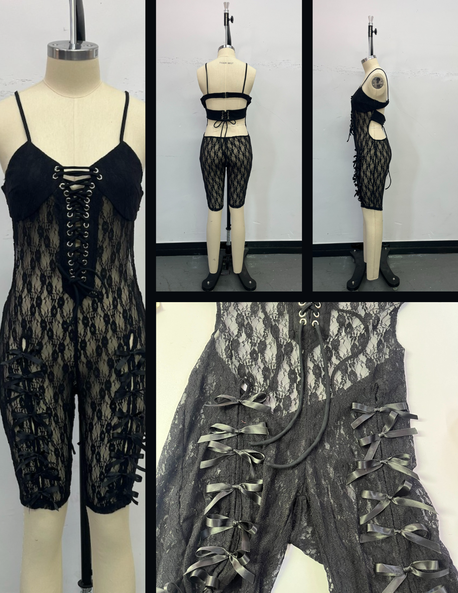 This project features a lace jumpsuit that I designed and constructed using individually made bows to build the form. The top portion incorporates grommets to create a structured lace-up design, adding both visual detail and functional support.