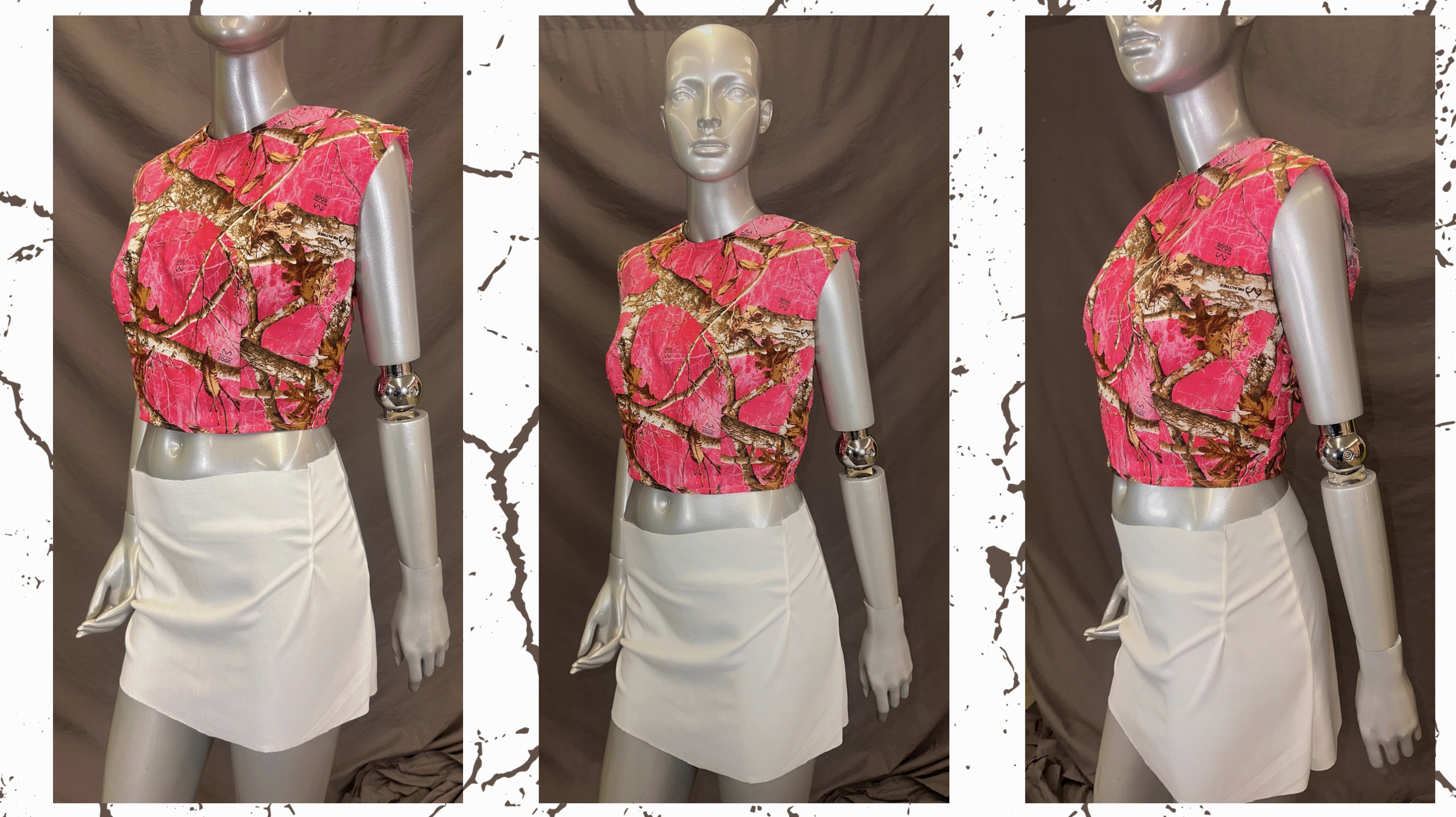 The top was made from cotton fabric and features princess seams and a back zipper. The mini dress was constructed in polyester fabric, with darts in the skirt to shape the silhouette.