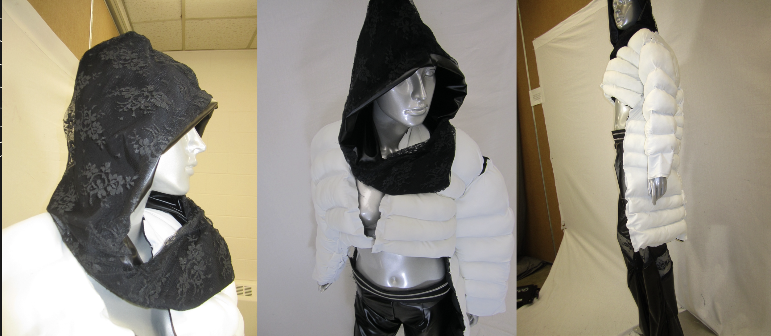 For this look, I created a white high–low puffer jacket constructed from polyester with a black lining and filled with synthetic stuffing for structure and volume. I paired it with black leather flared pants featuring lace detailing and a coordinatin