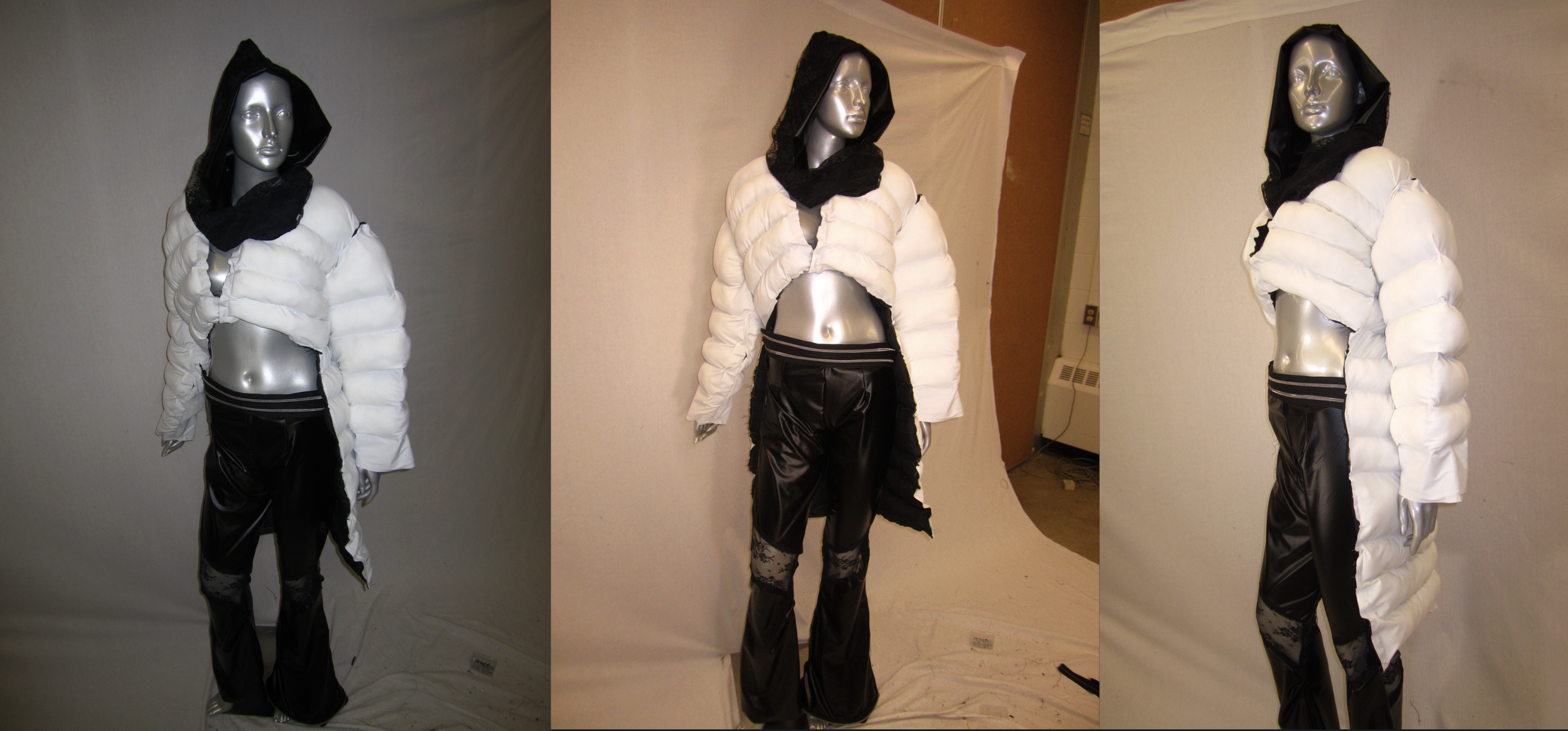 For this look, I created a white high–low puffer jacket constructed from polyester with a black lining and filled with synthetic stuffing for structure and volume. I paired it with black leather flared pants featuring lace detailing and a coordinatin