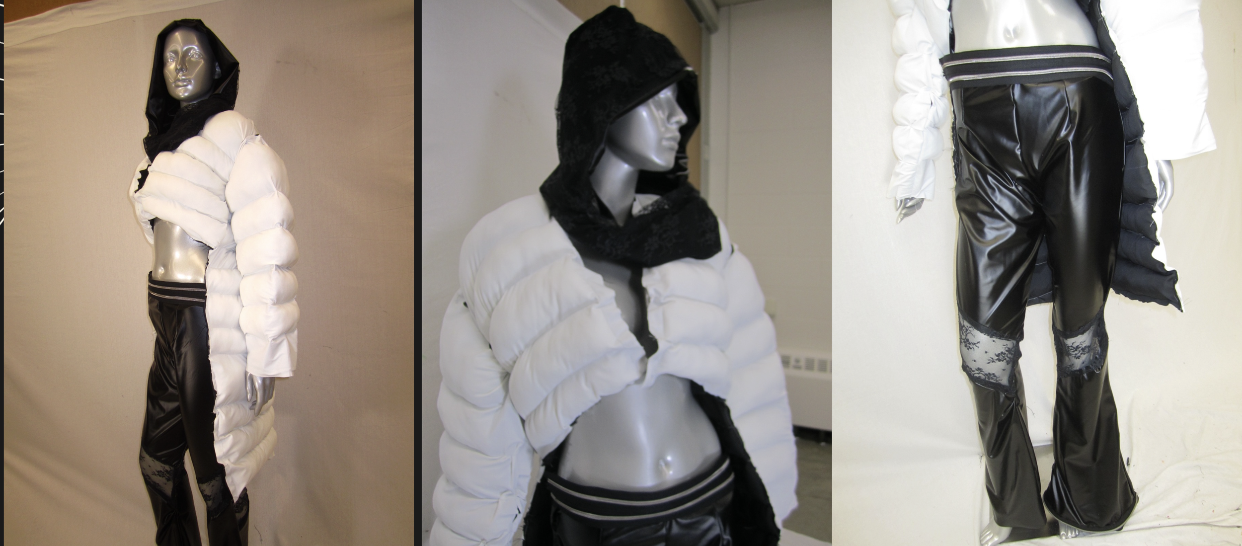 For this look, I created a white high–low puffer jacket constructed from polyester with a black lining and filled with synthetic stuffing for structure and volume. I paired it with black leather flared pants featuring lace detailing and a coordinatin