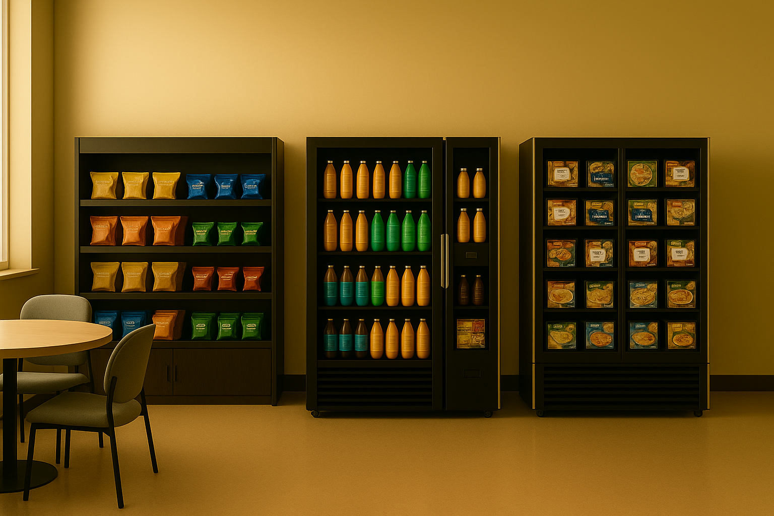 Shelves stocked with snack bags and beverage bottles in a lounge area.