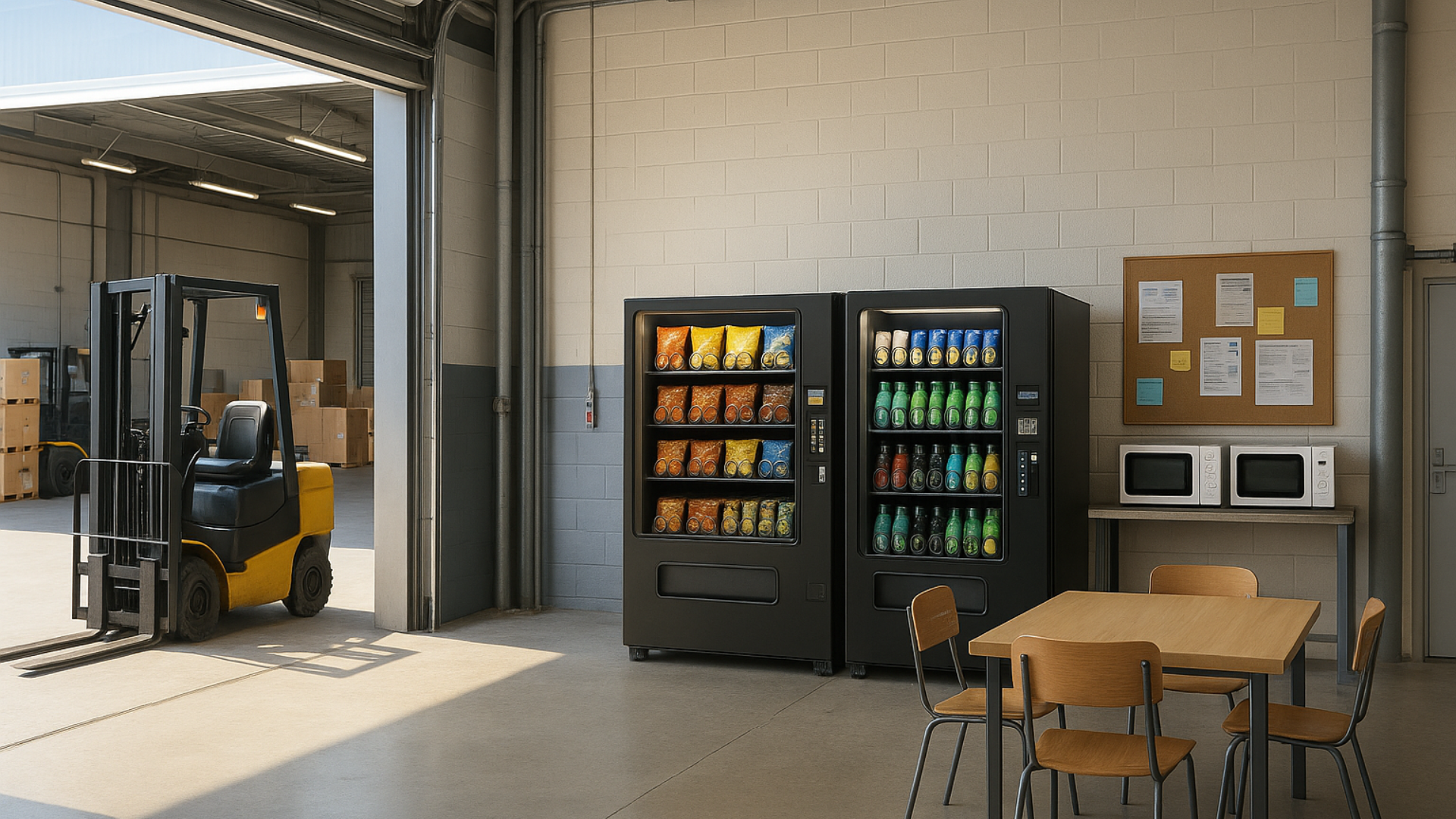 Vending machines with snacks and drinks next to a table and microwave in a break room inside a warehouse or industrial facility.
