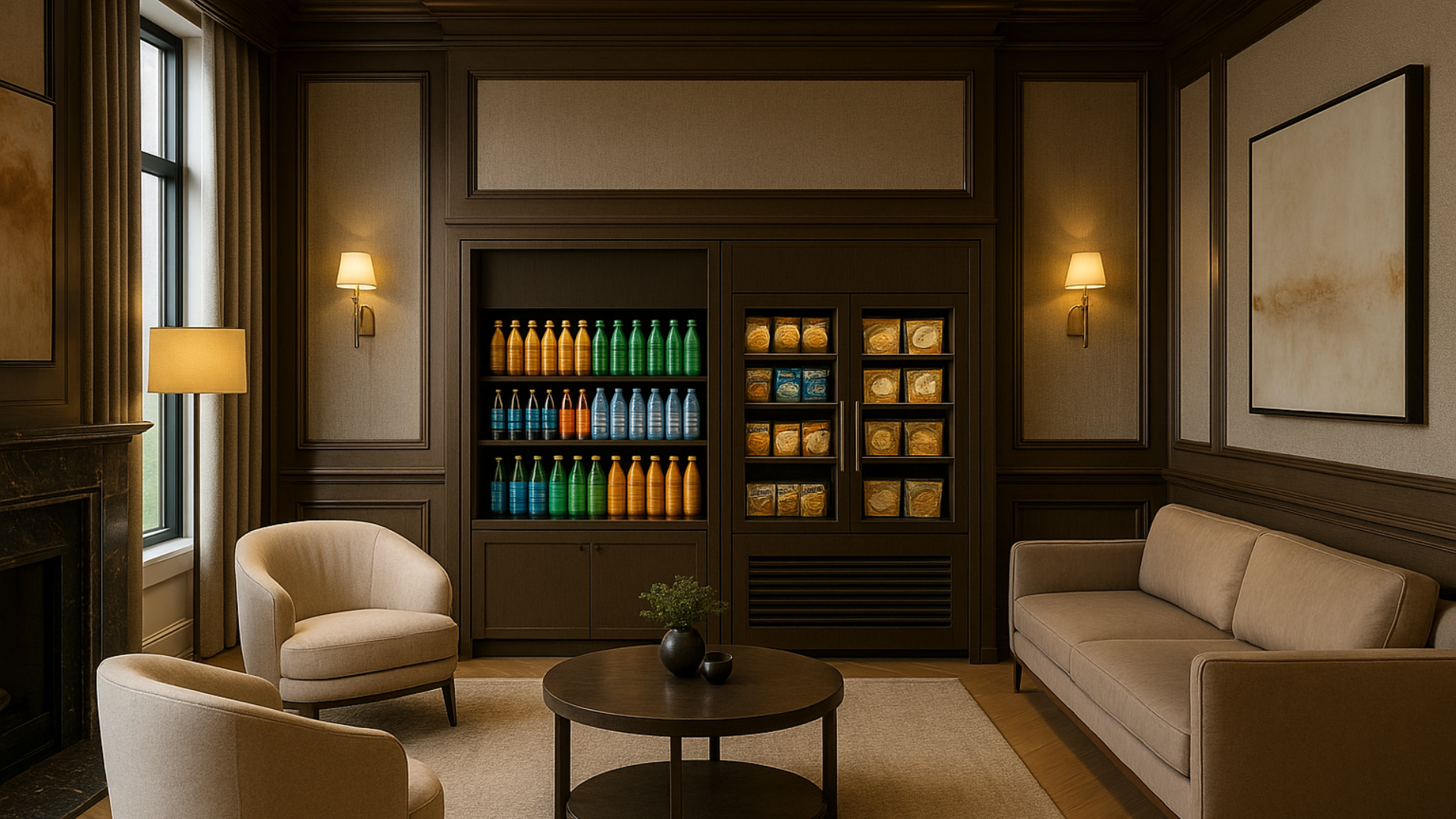 Cozy living room with beige chairs and sofa, dark wood walls, a round coffee table with potted plant, colorful bottles on shelves, and warm lighting