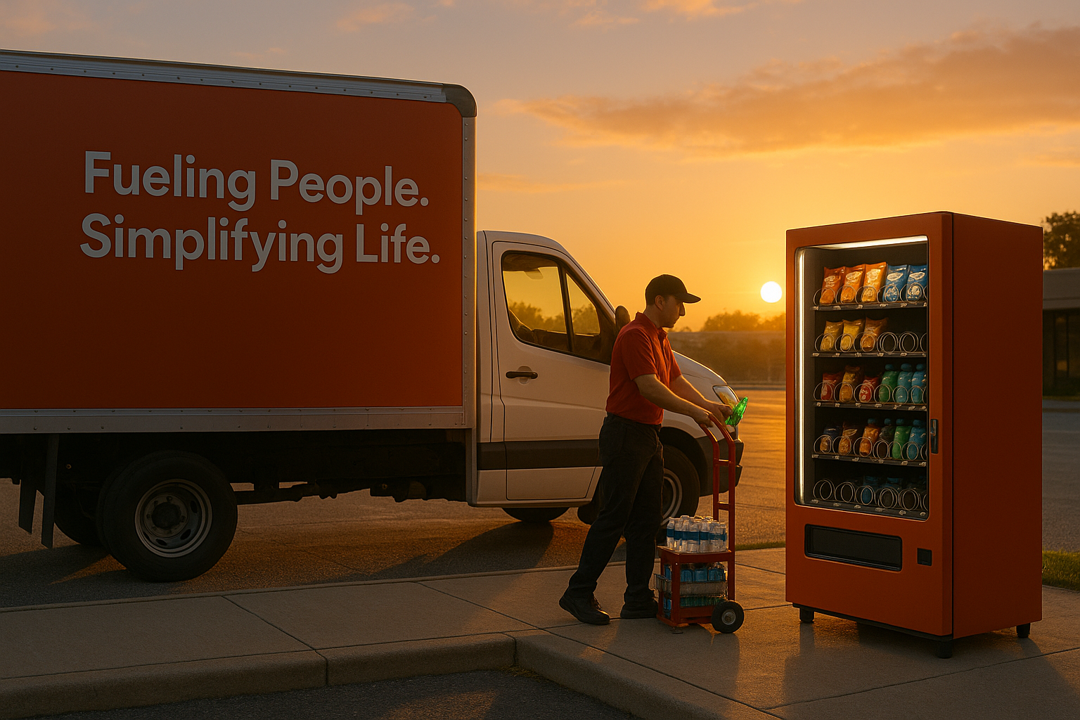 A delivery worker in a red uniform and black cap using a hand truck to restock a vending machine with snacks and drinks at sunset. Behind him is a red and white delivery truck with the slogan 'Fueling People. Simplifying Life.' on its side.