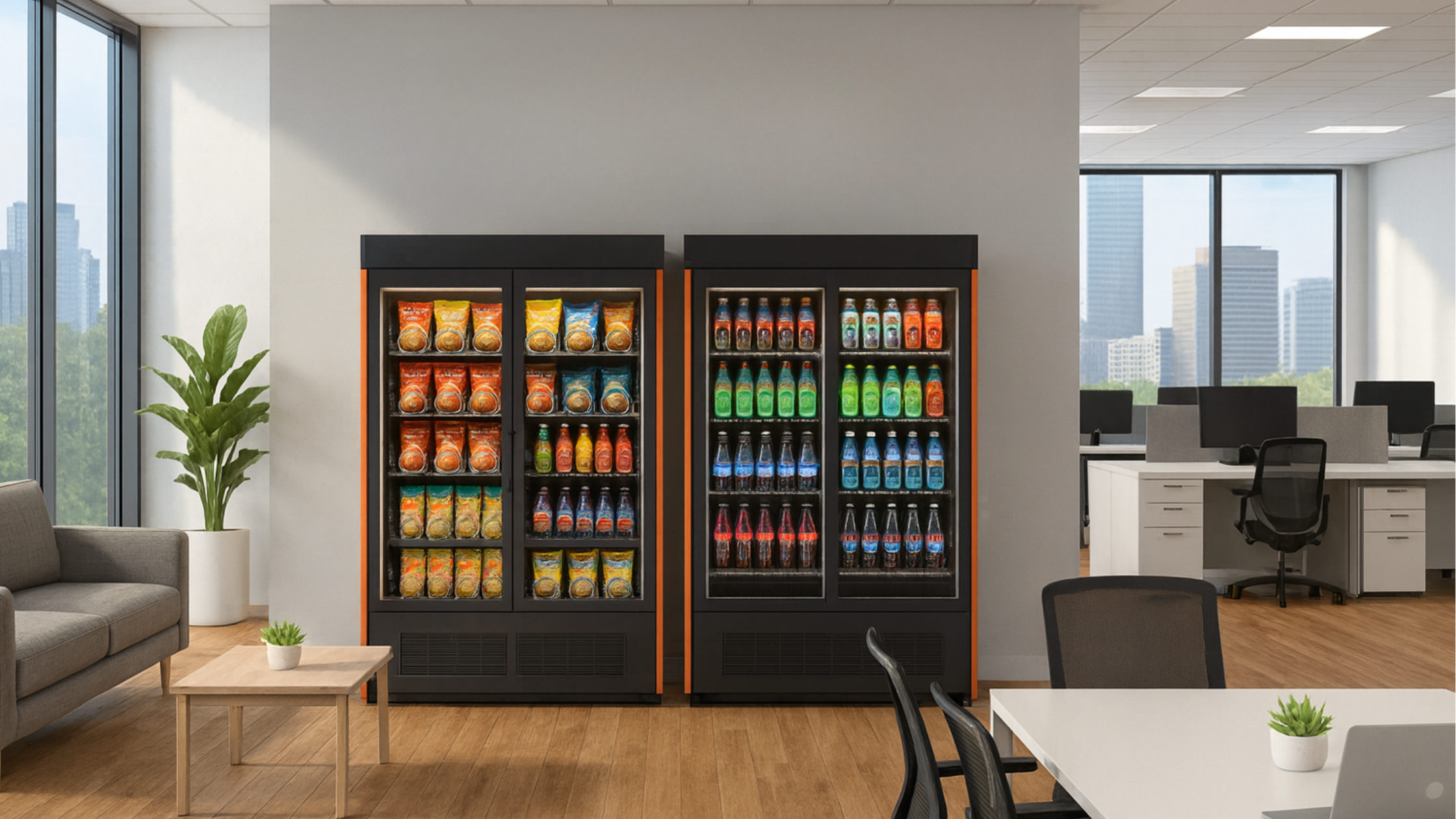 Two vending machines filled with snacks and beverages in an office lounge with a gray sofa, potted plants, and a modern workspace with multiple desks and chairs.