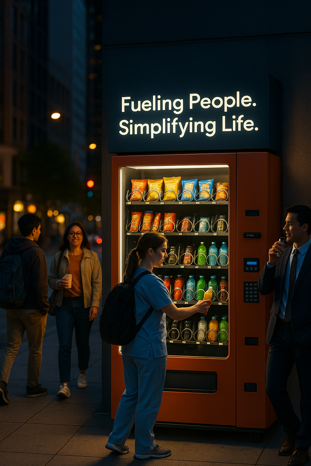 People gather around a vending machine on a city sidewalk at dusk, with the sign above reading 'Fueling People. Simplifying Life.' The vending machine offers assorted snacks and drinks.