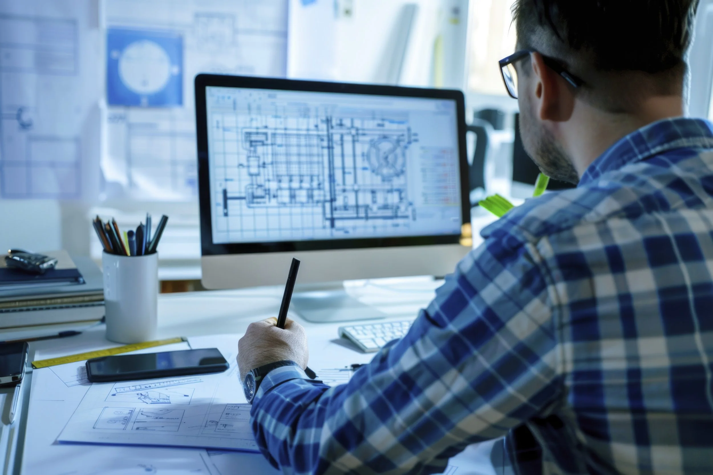 A man working at a desk analyzing technical drawings with a computer displaying a detailed blueprint.