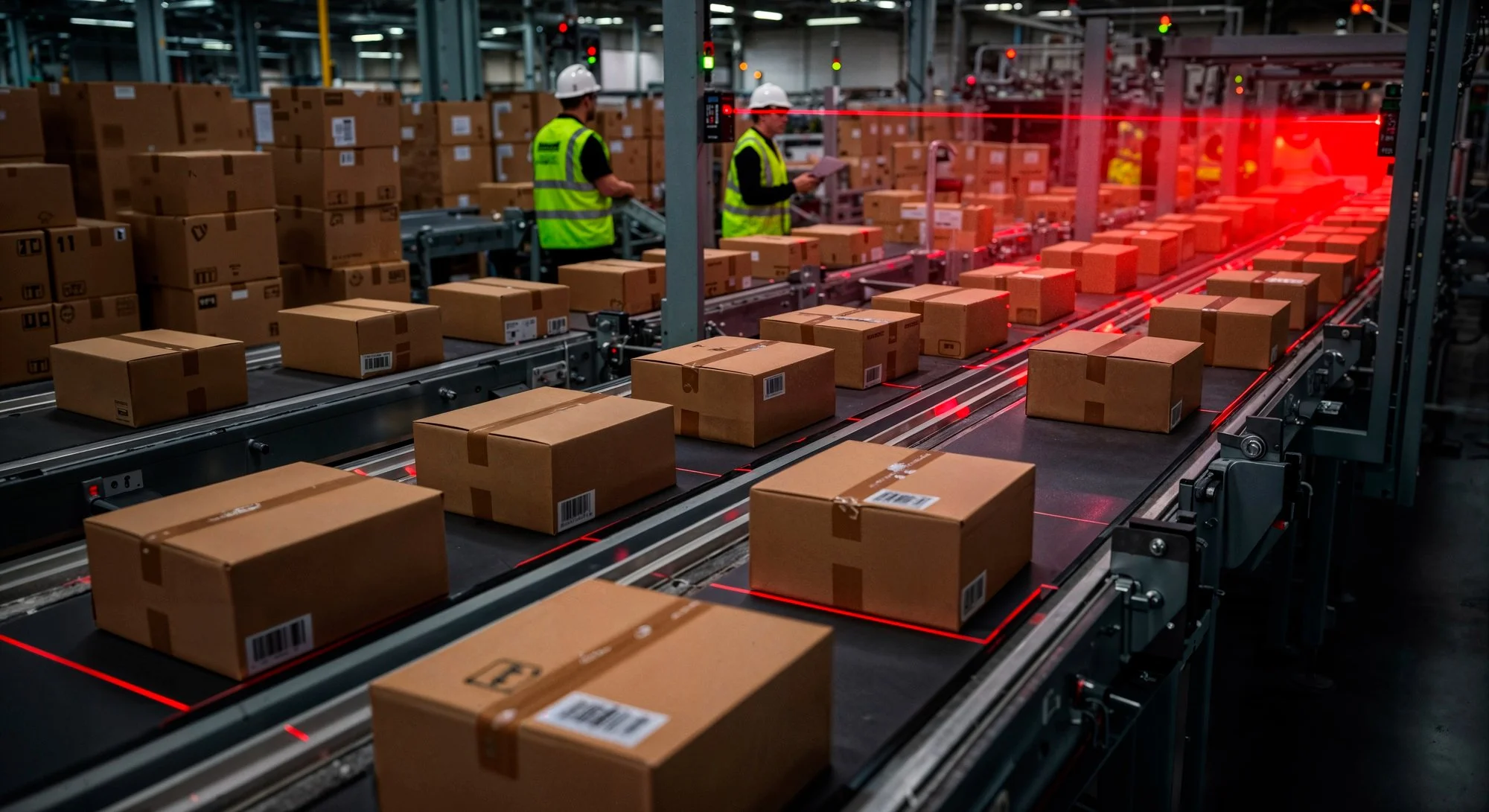Warehouse workers in safety vests and helmets inspecting packages on conveyor belts with barcode labels, illuminated by red laser scanners.