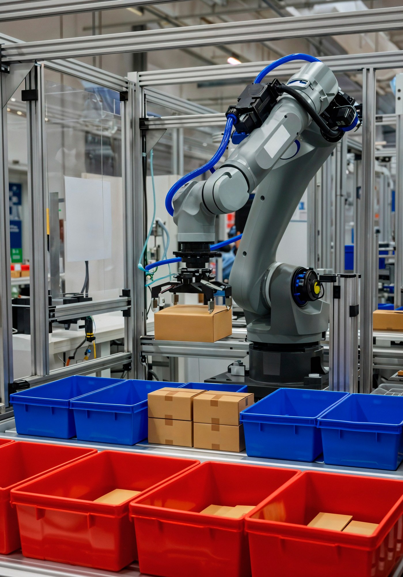 Industrial robotic arm assembling boxes on a production line with red and blue containers.