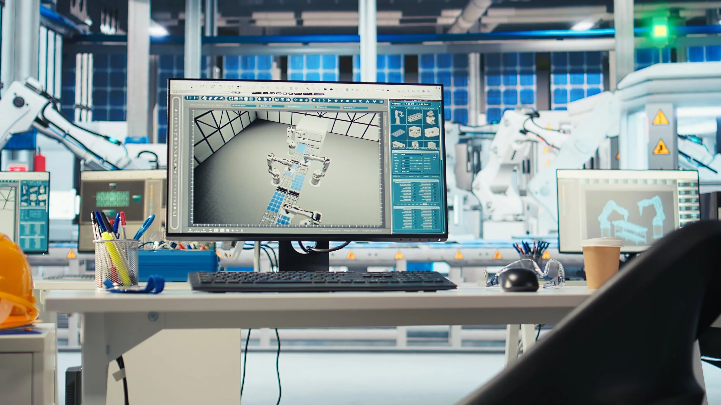 In a high-tech robotics laboratory, a computer monitor displays a 3D model of a robotic work cell with industrial robotic arms on a computer desktop, and robotic arms are visible in the background in a spacious, well-lit workspace.