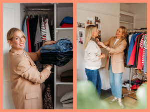 A woman organizing clothes in a closet and another woman shopping for clothes in a boutique.