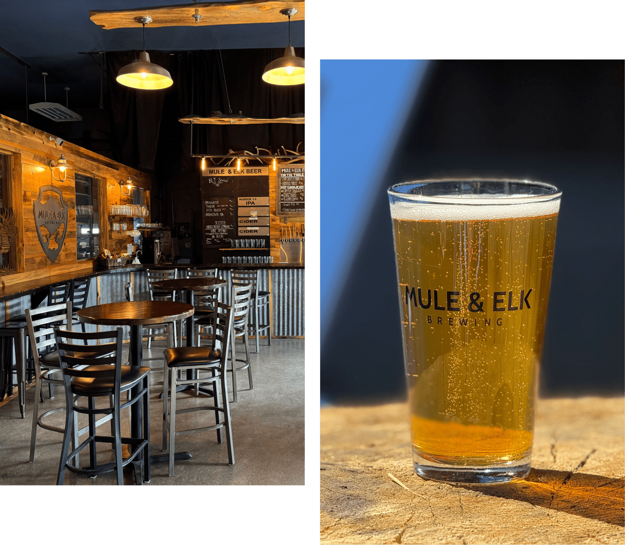 The left side shows the interior of a brewery bar with wooden walls, high tables, and chairs. The right side features a close-up of a pint glass filled with beer, with a logo reading 'MULE & ELK BREWING' on the glass.