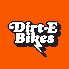 Dirt E Bikes logo on an orange background with stylized text and a lightning bolt.
