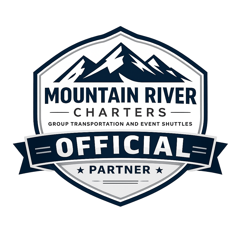 Official badge for Mountain River Charters, featuring mountain peaks and text about group transportation and event shuttles.