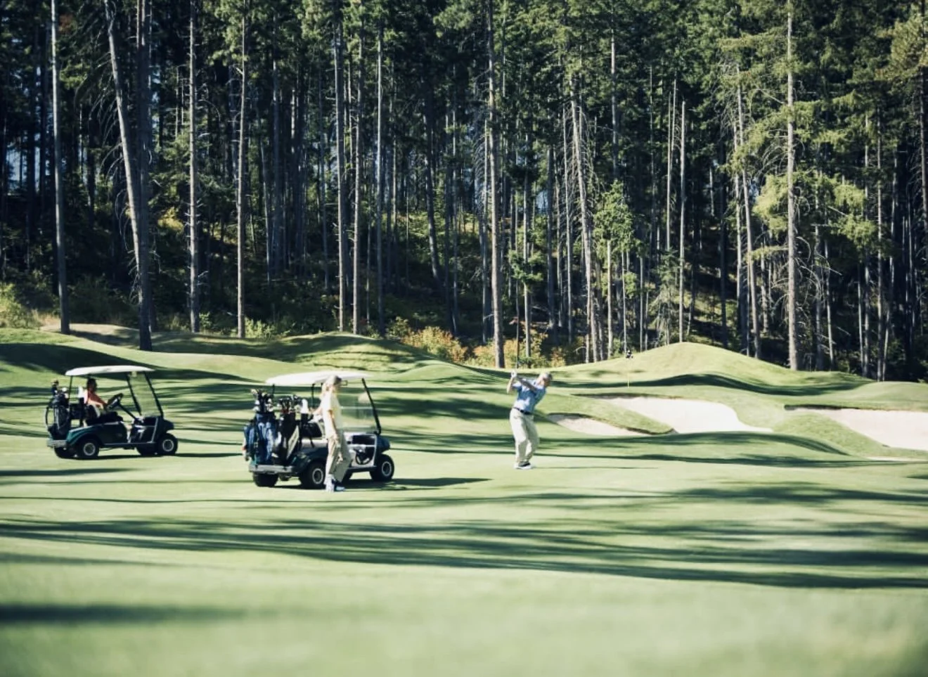Golfers playing on a golf course with trees in the background and golf carts parked nearby.