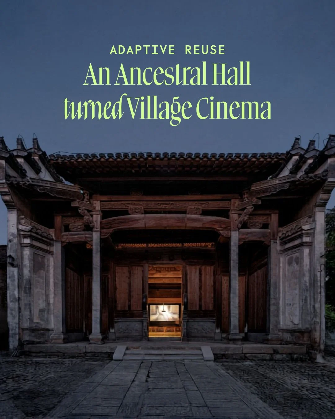 Atelier Guo has transformed the Cheng Family Ancestral Hall in Nanping Village into a village cinema, public library, and cultural gathering space &mdash; without altering the original structure. The intervention centers on a pivoting panel system de