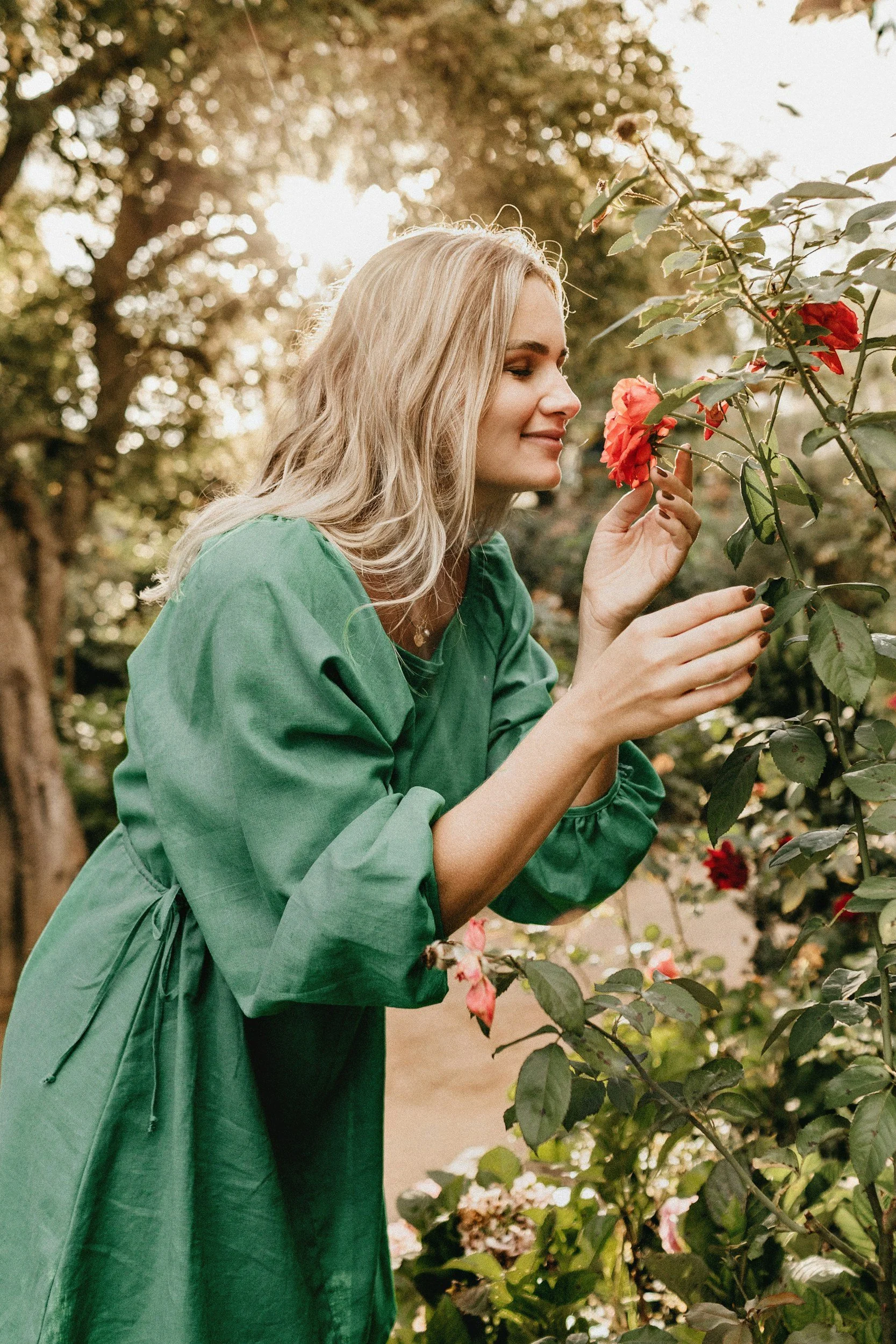 A woman in a green dress is smelling a pink flower on a bush in a garden during sunset.